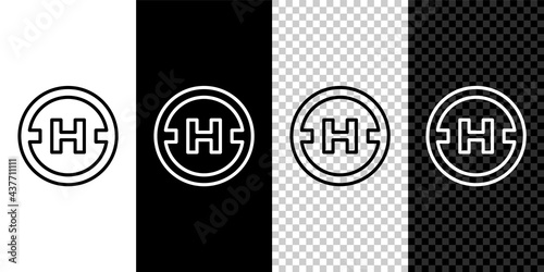 Set line Helicopter landing pad icon isolated on black and white, transparent background. Helipad, area, platform, H letter. Vector