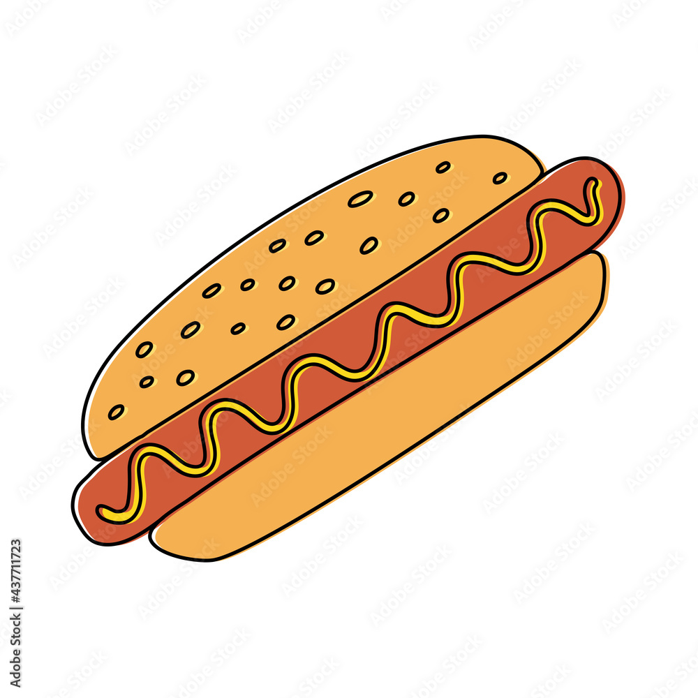 Hot dog. Fast food sketch. Cartoon color illustration. Unhealthy meal. Vector hand drawn icon for restaurant menu Hot dog. Fast food sketch. Cartoon color illustration. Unhealthy meal. Vector hand drawn icon for restaurant menu