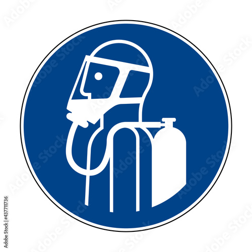 Use self-contained breathing appliance sign. Vector illustration of circular blue mandatory sign with man wearing breathing apparatus. Harmful gases and lack of oxygen symbol. ISO 7010 - M047.
