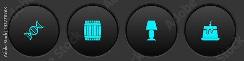 Set DNA symbol, Wooden barrel, Table lamp and Pudding custard icon. Vector