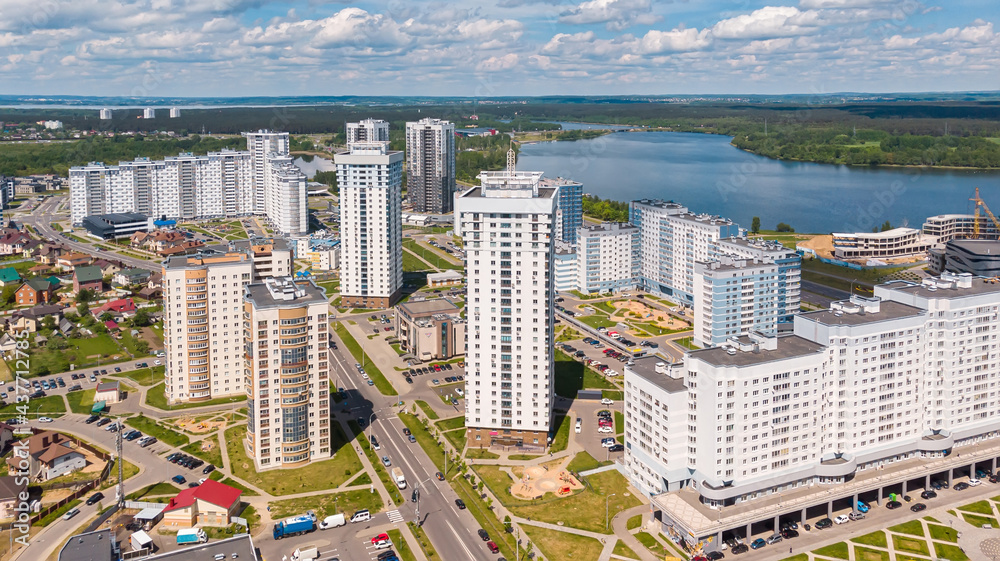 Fototapeta premium Urban landscape on the river bank in Minsk, Belarus. Aerial landscape.