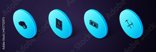 Set Isometric Crossed pickaxe, Cryptocurrency bitcoin, Proof of stake and cloud mining icon. Vector