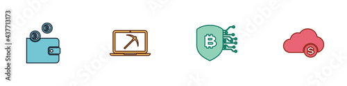 Set Cryptocurrency wallet, Mining with laptop and pickaxe, Shield bitcoin and cloud mining icon. Vector