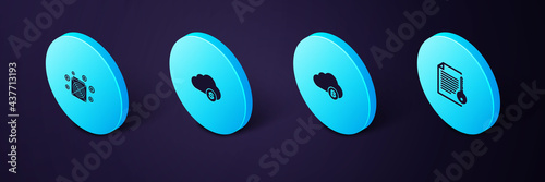 Set Isometric Smart contract, Cryptocurrency cloud mining, and ASIC Miner icon. Vector