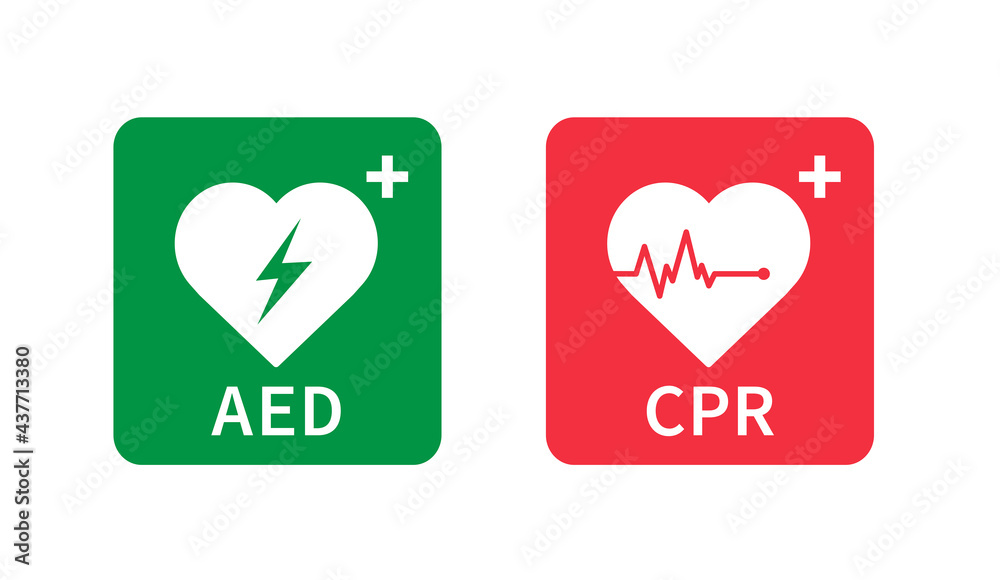 AED and CPR icon. Emergency defibrillator sign. Automated External Defibrillator. Hearts electricity. Vector illustration. - obrazy, fototapety, plakaty 