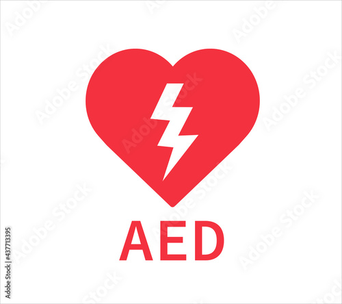 AED vector icon. Emergency defibrillator sign. Red heart electricity. Vector illustration.