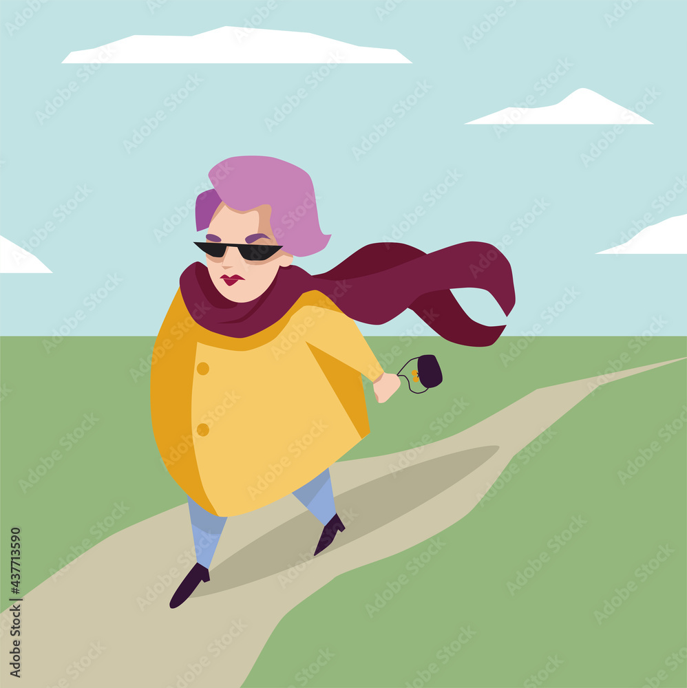 vector flat illustration of middle aged woman walking in  park 