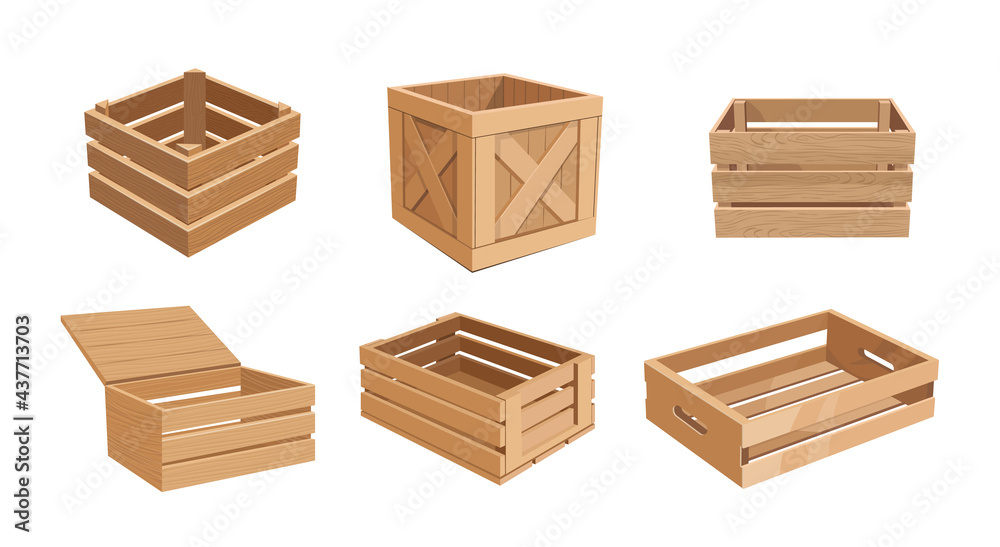 Set of Wooden Boxes, Cargo Distribution Packs. Parcels for Goods Packaging, Isolated Pallets, Empty Wood Containers Set of Wooden Boxes, Cargo Distribution Packs. Parcels for Goods Packaging, Isolated Pallets, Empty Wood Containers