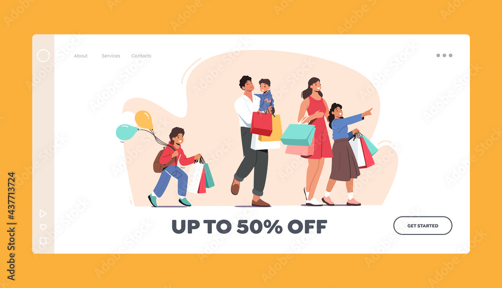 Happy Family Shopping Landing Page Template. Father, Mother and Little Kids Holding Paper Bags and Balloons Visit Shop