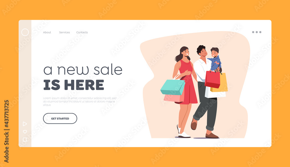 Happy Family Shopping, Landing Page Template. Mother and Father with Kid Visit Supermarket, Child with Parents in Shop