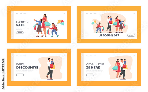 Happy Family Shopping Landing Page Template Set. Father, Mother and Kids Holding Bags and Balloons Visit Supermarket