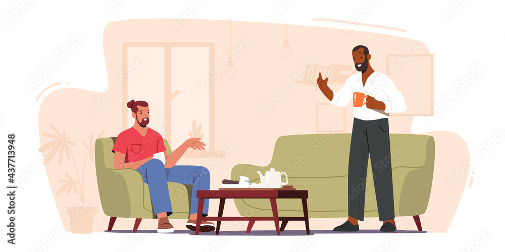 Couple of Friends Drinking Tea at Home. Men Sitting on Couch with Hot Beverages, Communicating. Characters Friendship