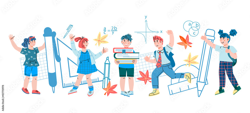 Back to school background with hand drawn school children characters. Banner or flyer template with kids boys and girls characters, cartoon vector illustration isolated on white.