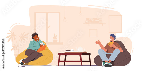 Couple of Friends Sitting on Couch, Drinking Tea and Communicating at Home. Male and Female Characters Friendship, Relax