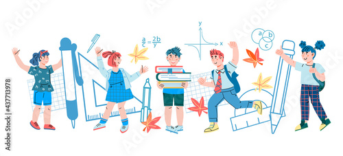 Back to school background with hand drawn school children characters. Banner or flyer template with kids boys and girls characters  cartoon vector illustration isolated on white.