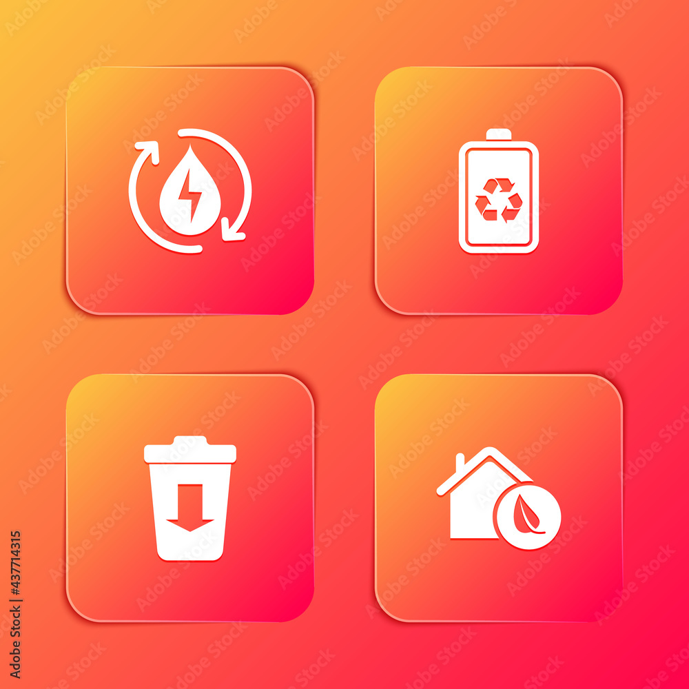 Set Recycle clean aqua, Battery with recycle, Send to the trash and Eco friendly house icon. Vector Set Recycle clean aqua, Battery with recycle, Send to the trash and Eco friendly house icon. Vector