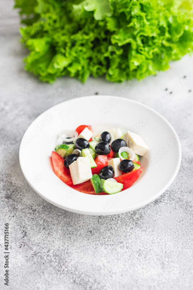 fresh greek salad vegetable, olives, tomato, cucumber, olive oil traditional recipe organic dish on the table healthy food meal snack copy space food background rustic. top view keto or paleo diet fresh greek salad vegetable, olives, tomato, cucumber, olive oil traditional recipe organic dish on the table healthy food meal snack copy space food background rustic. top view keto or paleo diet