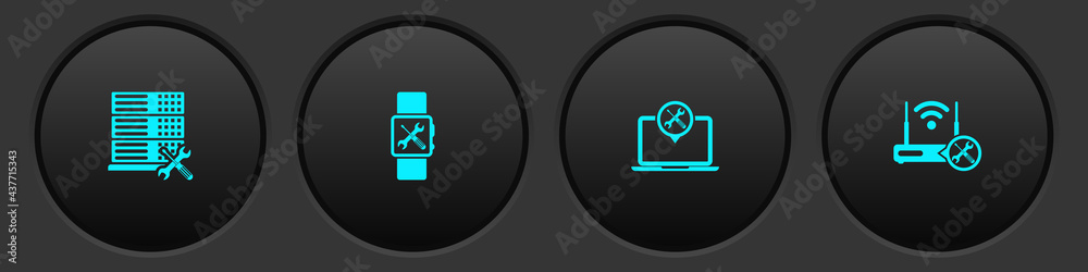 Set Database server service, Smartwatch, Laptop and Router wi-fi with icon. Vector Set Database server service, Smartwatch, Laptop and Router wi-fi with icon. Vector