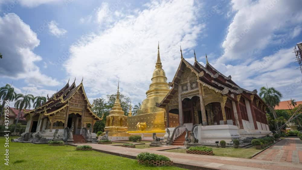 Chiang Mai, Thailand - June 5, 2021 : VIDEO Timelapse of Wat Phra Singh temple on cloudy day. Wat Phra Singh is one of the most famous temple in the north Thailand. Chiang Mai, Thailand - June 5, 2021 : VIDEO Timelapse of Wat Phra Singh temple on cloudy day. Wat Phra Singh is one of the most famous temple in the north Thailand.