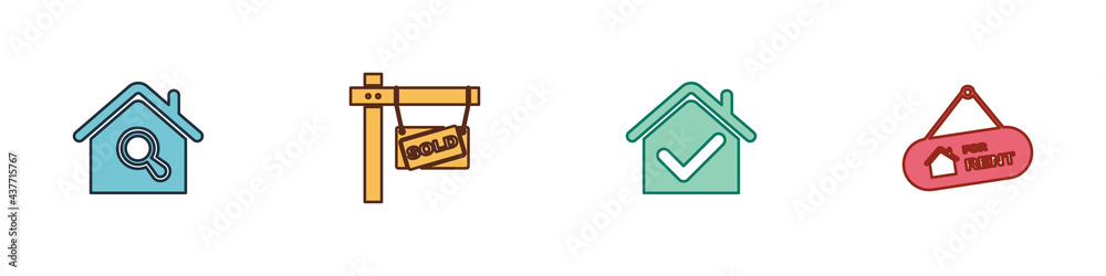 Set Search house, Hanging sign with Sold, House check mark and For Rent icon. Vector Set Search house, Hanging sign with Sold, House check mark and For Rent icon. Vector