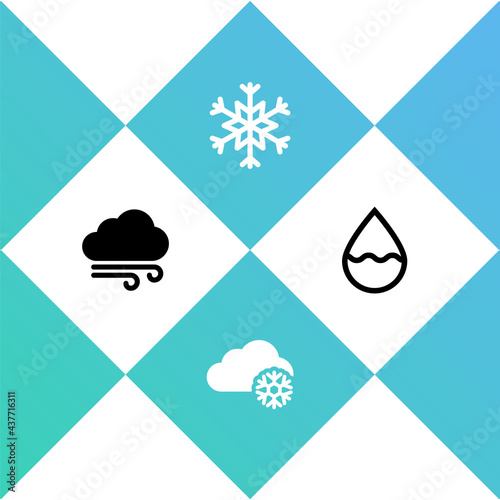 Set Windy weather, Cloud with snow, Snowflake and Water drop icon. Vector