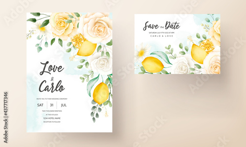 Summer watercolor floral with botanical lemon fruit wedding card set