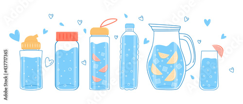 Drink plenty of water. A set of water or liquid bottles. Vector. Isolated on white background.