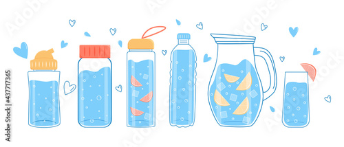 Drink plenty of water. A set of water or liquid bottles. Vector. Isolated on white background. photo