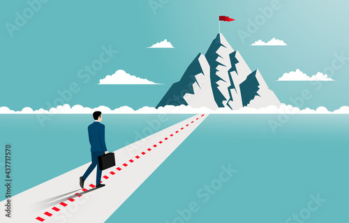 Vector business concept illustration with businessman standing look at the mountain