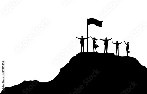Group of men and women happy with business up on a mountain with sunset background