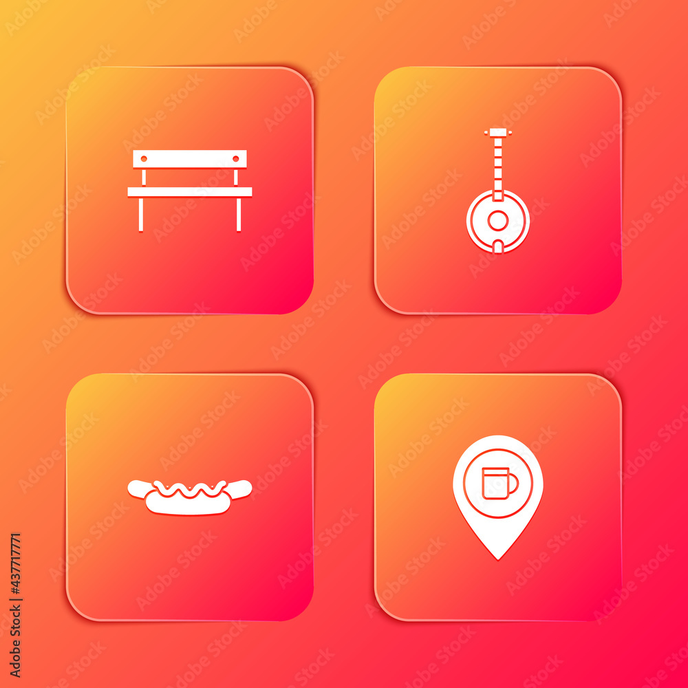 Set Bench, Banjo, Hotdog sandwich and Alcohol or beer bar location icon. Vector Set Bench, Banjo, Hotdog sandwich and Alcohol or beer bar location icon. Vector