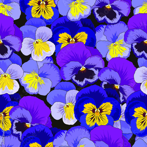 seamless floral print with violas tricolor isolated on a black background