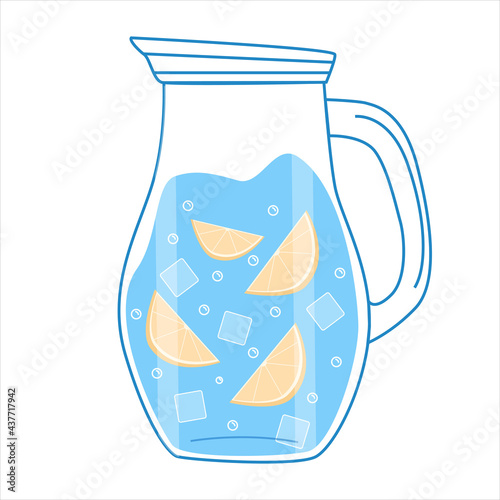 Large decanter with water, ice and lemon. Vector. Isolated on white background.