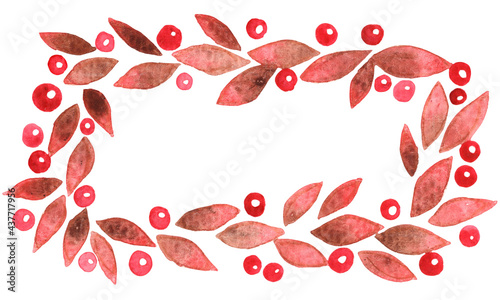 Red leaves and berry frame wreath watercolor for decoration on Autumn season, Thanksgiving and Christmas holiday festival.