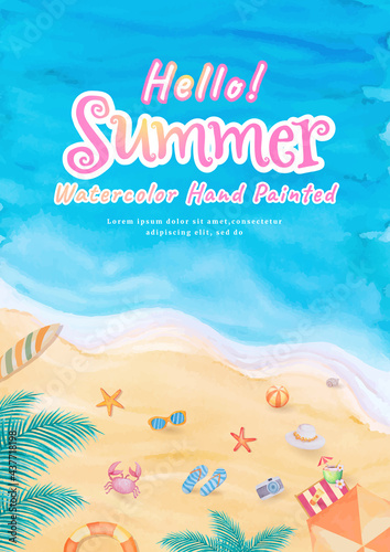 Top view on the beach ocean waves sea with surfboard,umbrella,ball,swim ring,sunglasses,hat,sandal,starfish in summer holidays tropical tourism travel trip. watercolor hand painted
