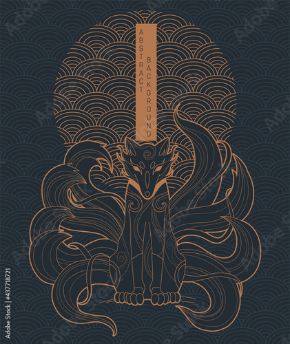 vector abstract illustration of japanese fantasy creature nine tailed fox kitsune in black and gold colours
