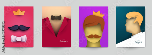 Set of father's day concept composition in minimalistic modern paper cut style. Collection background templates for card, banner, poster, cover. Bright design element. Creative vector illustration.