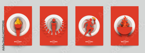 Set templates for action sport games in modern paper cut style. Minimalistic design elements. Creative concept for branding background banner, poster, card, cover. Vector illustration.