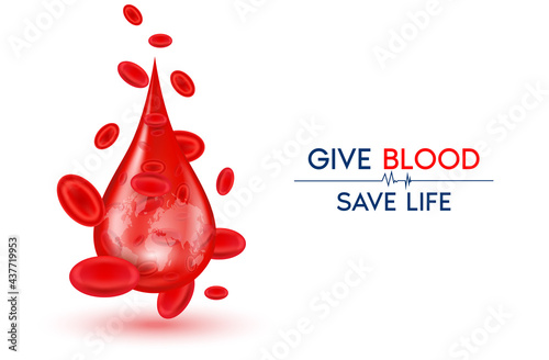 World blood donor day. Give blood save life, Blood drop red on white background. Medical sign on June 14. 3D Vector EPS10 illustration.
