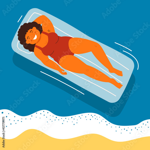 Smiling woman lying on air mattresses in swimming pool. Young girl relaxing and sunbathing in top view. Vector character illustration of summertime sea vacation, weekend at resort, summer recreation