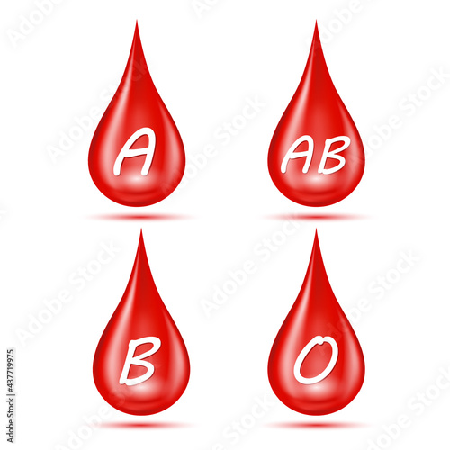 Blood type or blood group A, B, AB, O. (Hemoglobin) Hematology medic aid. Red shiny blood drop isolated on white background. Realistic 3d vector illstration.