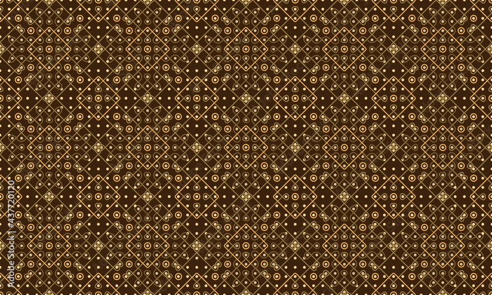 Diamonds, dots and Curves in gold on brawn background- Chinna Sikku kolam, Muggulu Designs, Indian Cultural Rangoli, Alpona, or Paisley vector line art in seamless pattern.