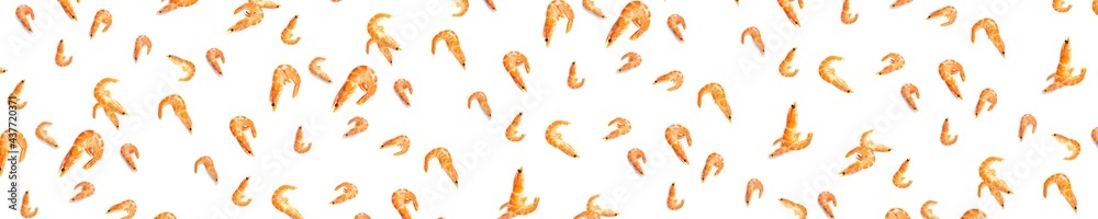 Tiger shrimp. Seafood background made from Prawns isolated on a white backdrop. modern flat lay background from boiled shrimps, Seafood. not seamless pattern Tiger shrimp. Seafood background made from Prawns isolated on a white backdrop. modern flat lay background from boiled shrimps, Seafood. not seamless pattern