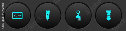 Set Bar of soap with foam, Electrical hair clipper or shaver, Hairbrush and Shaving icon. Vector