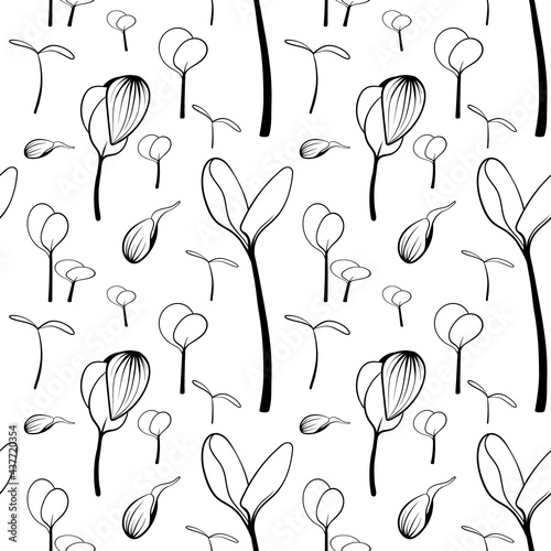 Microgreen sketch vector illustration. Green for home gardening. Seamless pattern with sunflower sprouts background