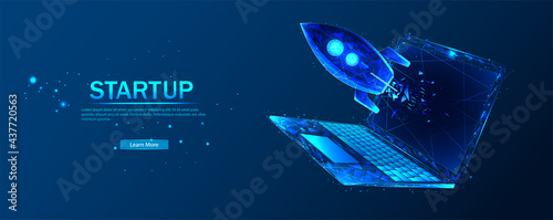 The concept of starting a business for a web page, banner, presentation, social networks. Polygon with a spaceship or space rocket. Launch of a startup business project. Laptop rocket launch.