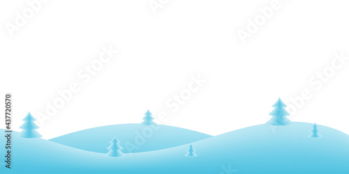 Christmas holiday background. Winter snow december landscape, cold. Christmas tree on blue hill for invitation, postcard. White sky wallpaper. Wonderland abstract magic texture Vector illustration