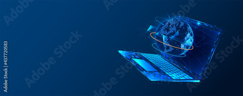 Global World. Planet Earth concept on laptop screen. Vector low poly wireframe in the form of starry sky, consisting of points, lines, and shapes in the form of stars. Vector networking concept.