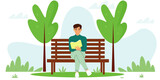 Young guy sits on a bench and reads a book. Vector illustration