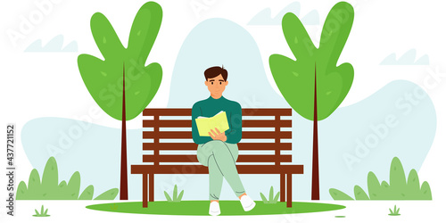Young guy sits on a bench and reads a book. Vector illustration